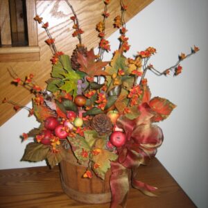 Fall Arrangement in Wooden Bucket
