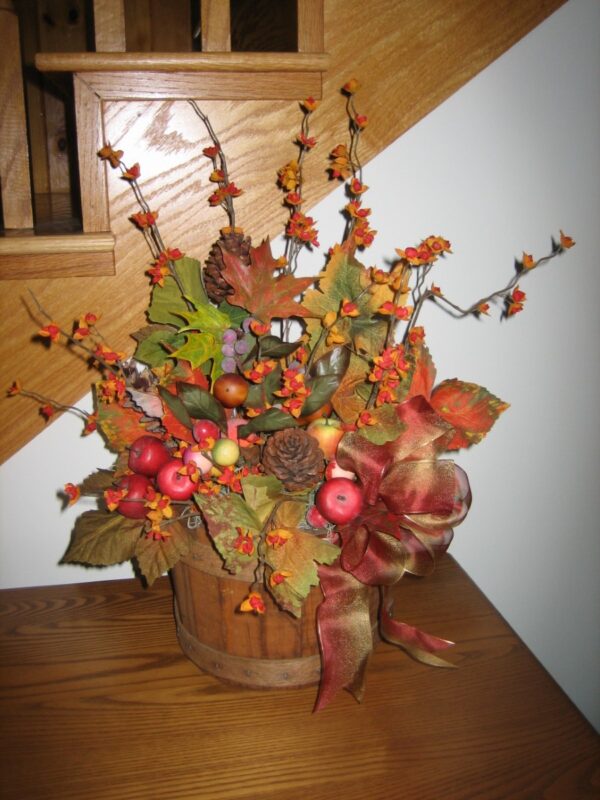 Fall Arrangement in Wooden Bucket